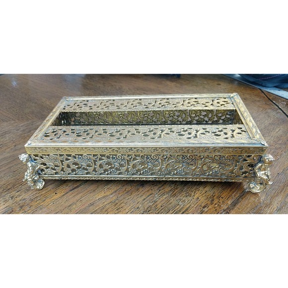 Vtg‎ Brass Filigree Hollywood Regency Brass Tissue Box Holder Cherub Feet - Picture 15 of 16